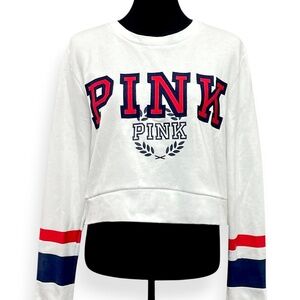PINK Victoria’s Secret Logo Cropped Sweatshirt L White Colorblock Crewneck Y2K